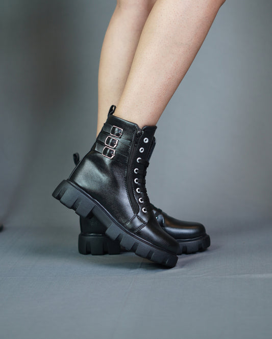 Buckle Strapped Chunky Cleated Lace-up Black Boots for Women