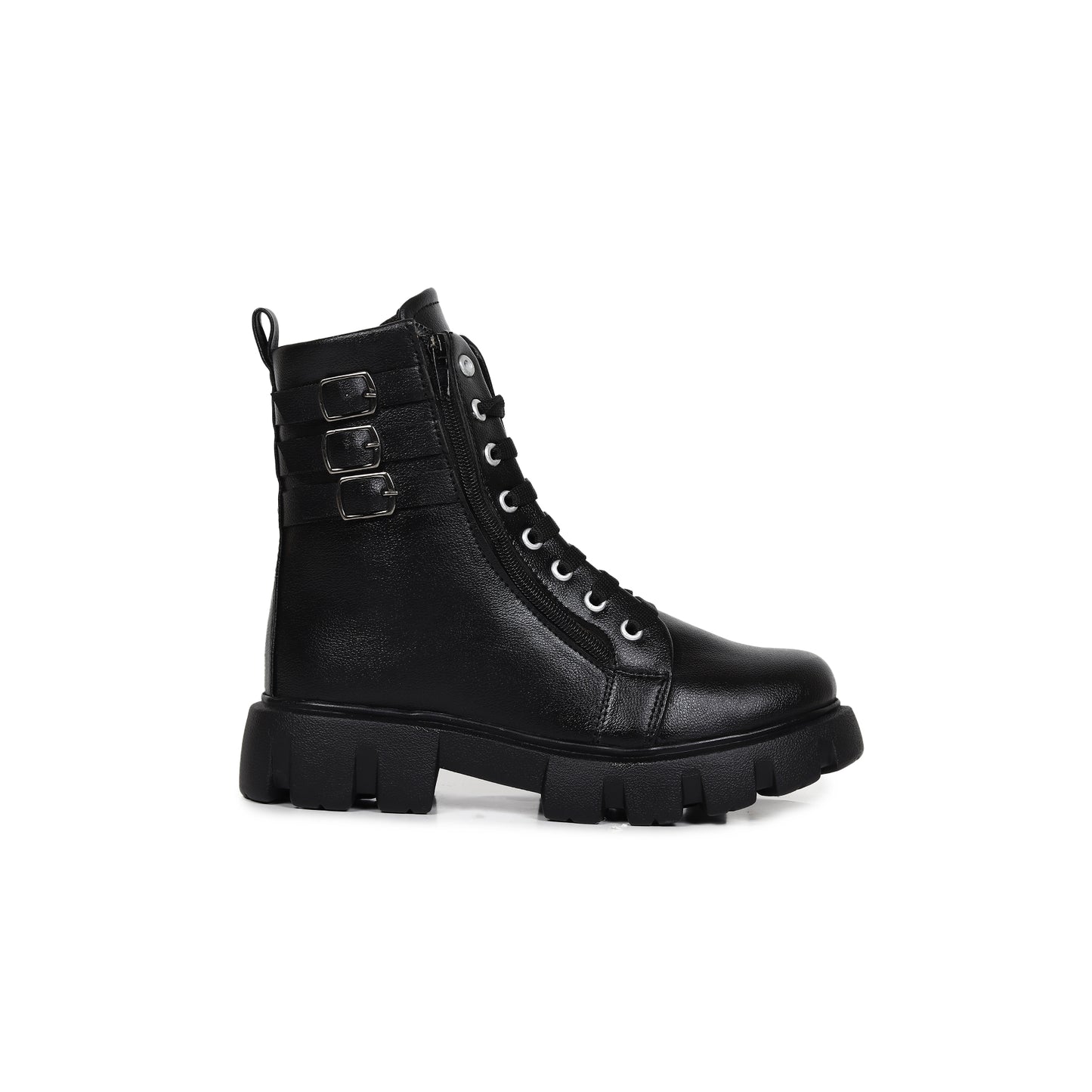 Buckle Strapped Chunky Cleated Lace-up Black Boots for Women