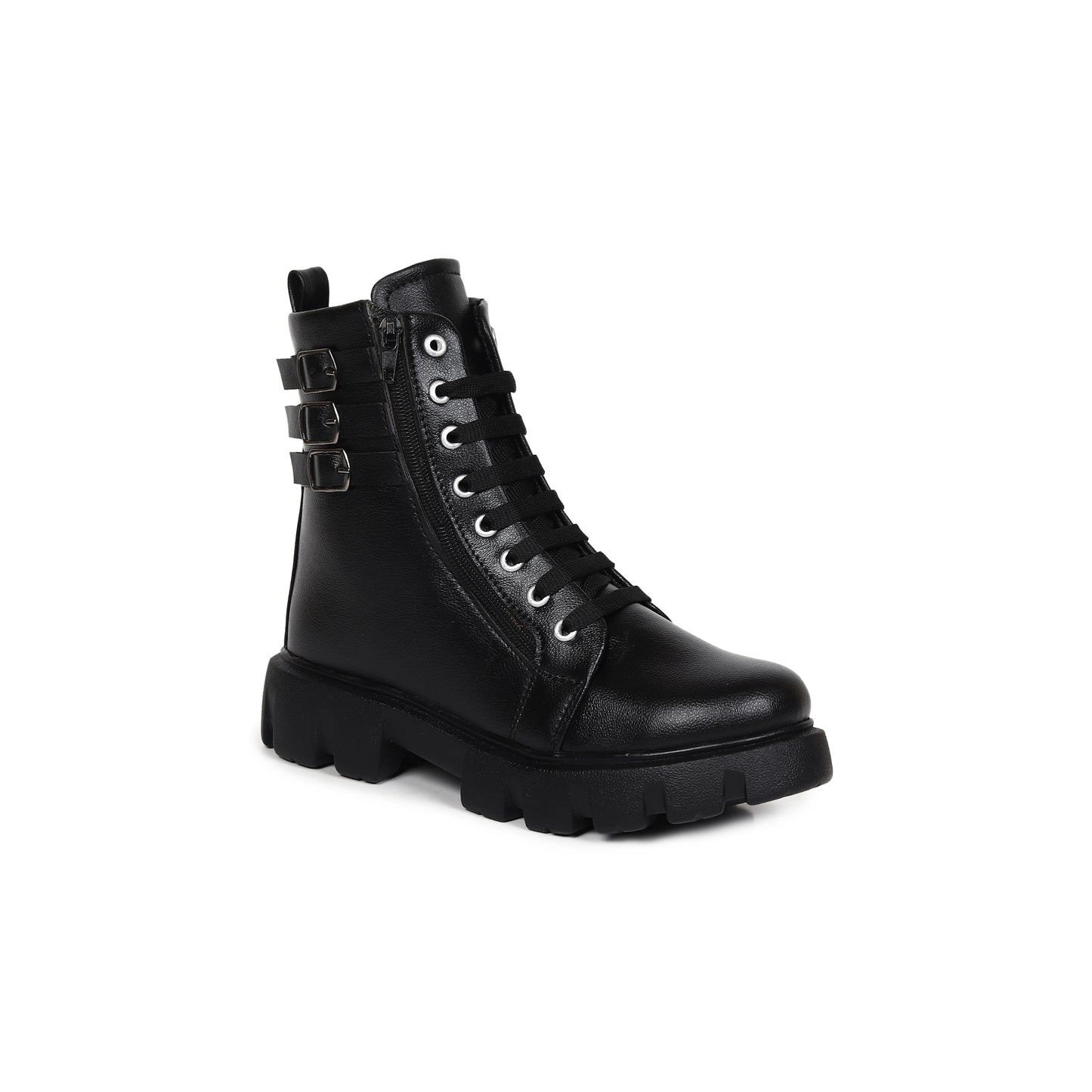 Buckle Strapped Chunky Cleated Lace-up Black Boots for Women