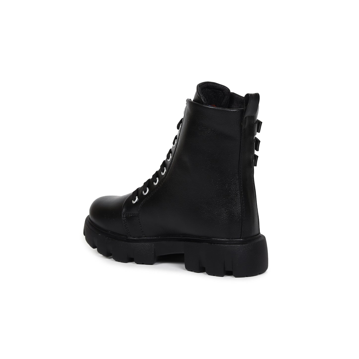 Buckle Strapped Chunky Cleated Lace-up Black Boots for Women