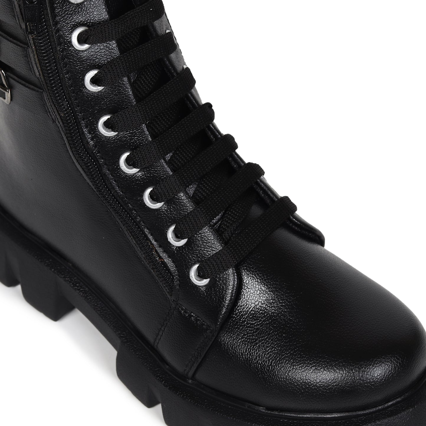 Buckle Strapped Chunky Cleated Lace-up Black Boots for Women