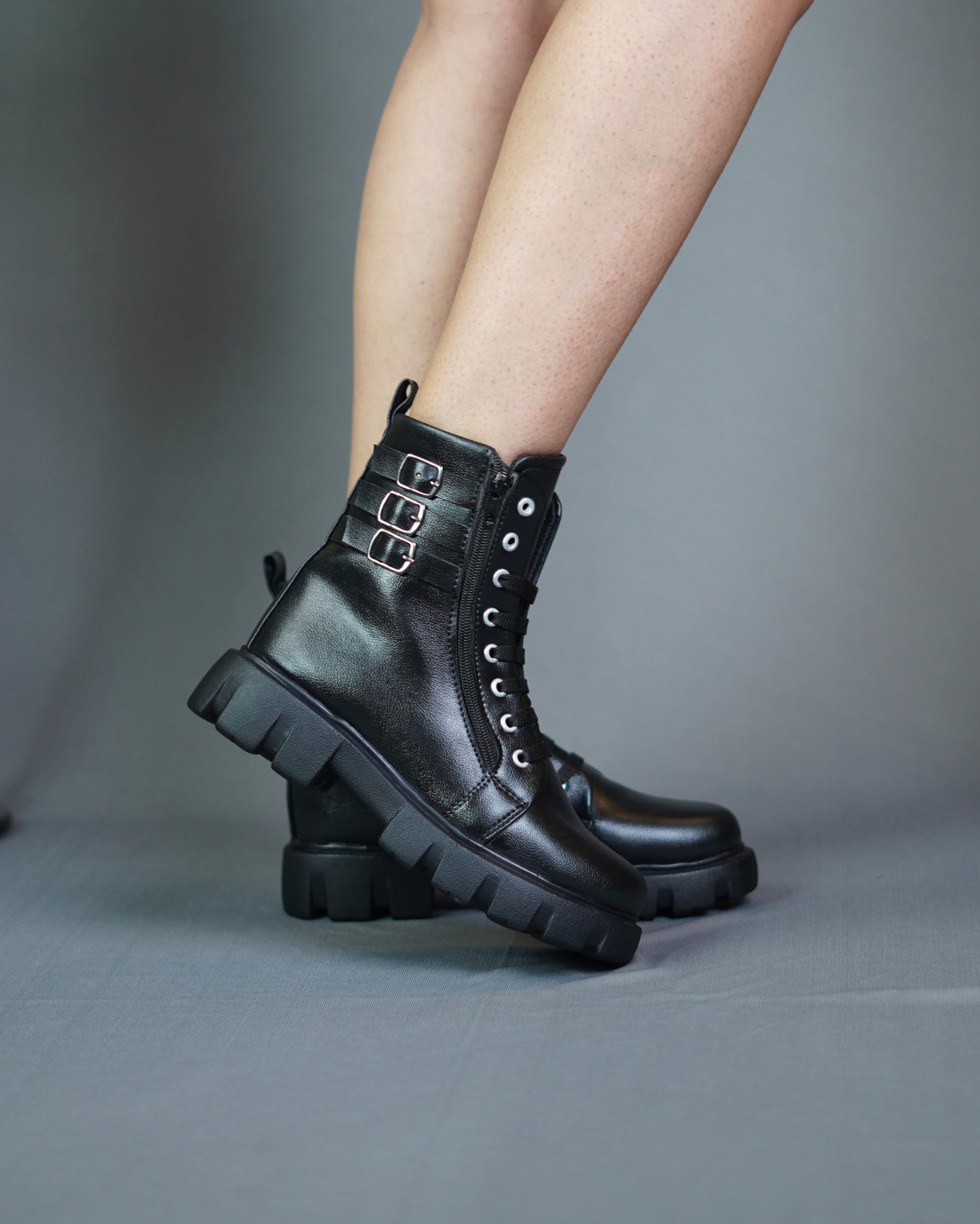 Buckle Strapped Chunky Cleated Lace-up Black Boots for Women
