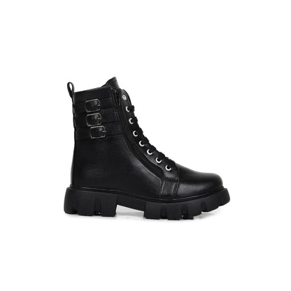 Buckle Strapped Chunky Cleated Lace-up Black Boots for Women