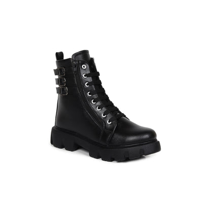 Buckle Strapped Chunky Cleated Lace-up Black Boots for Women