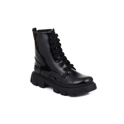 Patent Leather Black High Ankle Boots for Women