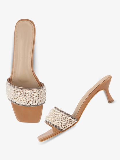 Pearl Embellished Beige Heels