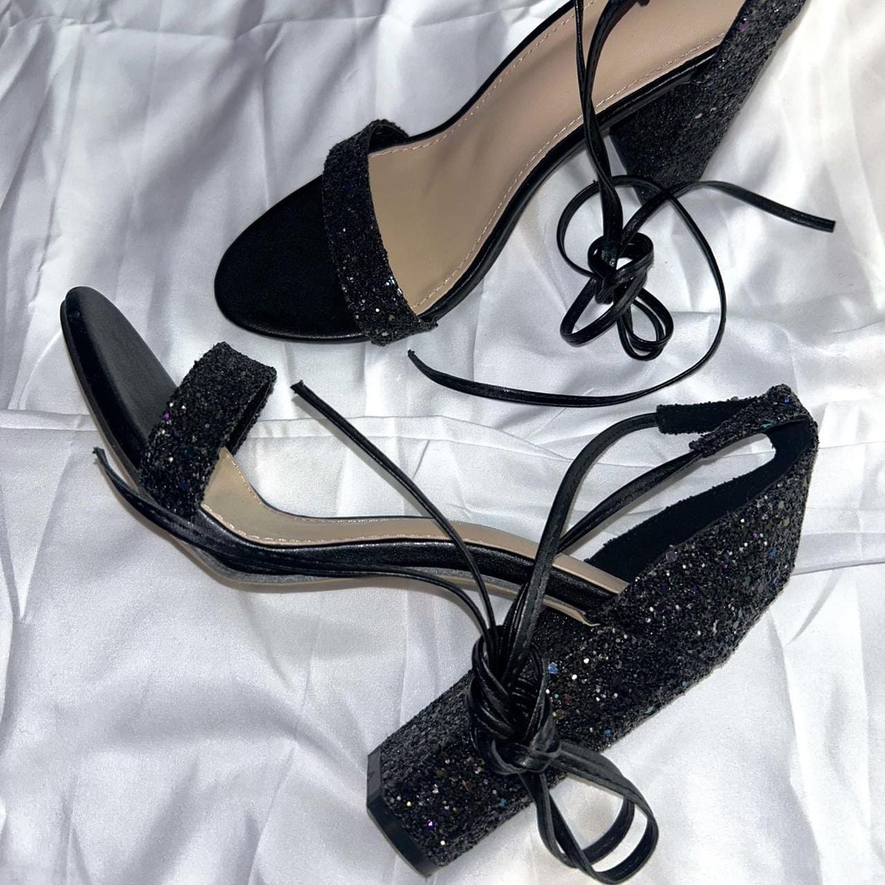 Tie leg glitter heels